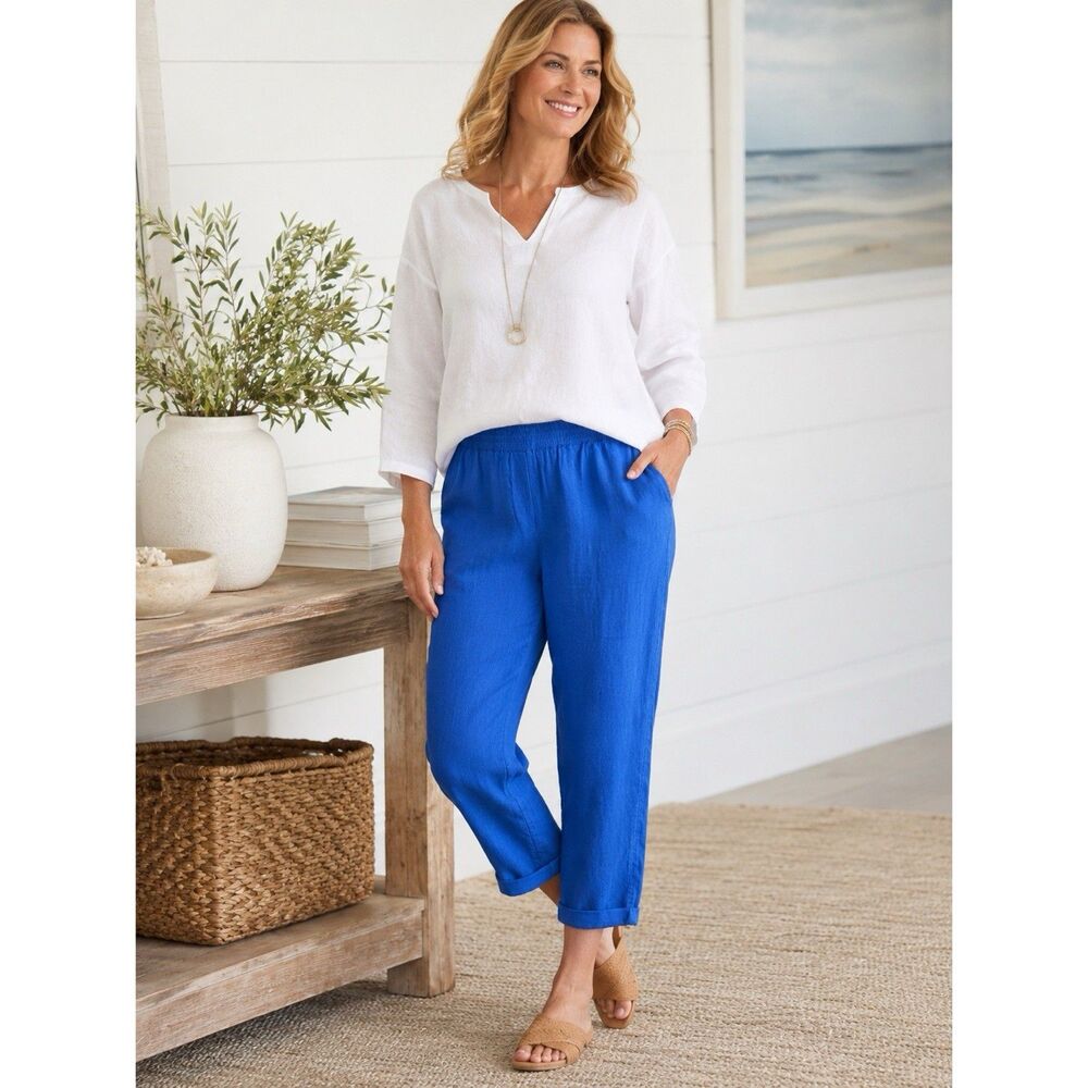 J Jill LOVE LINEN Pants Size MP Petite Blue Crop Pull On Elastic Waist Linen